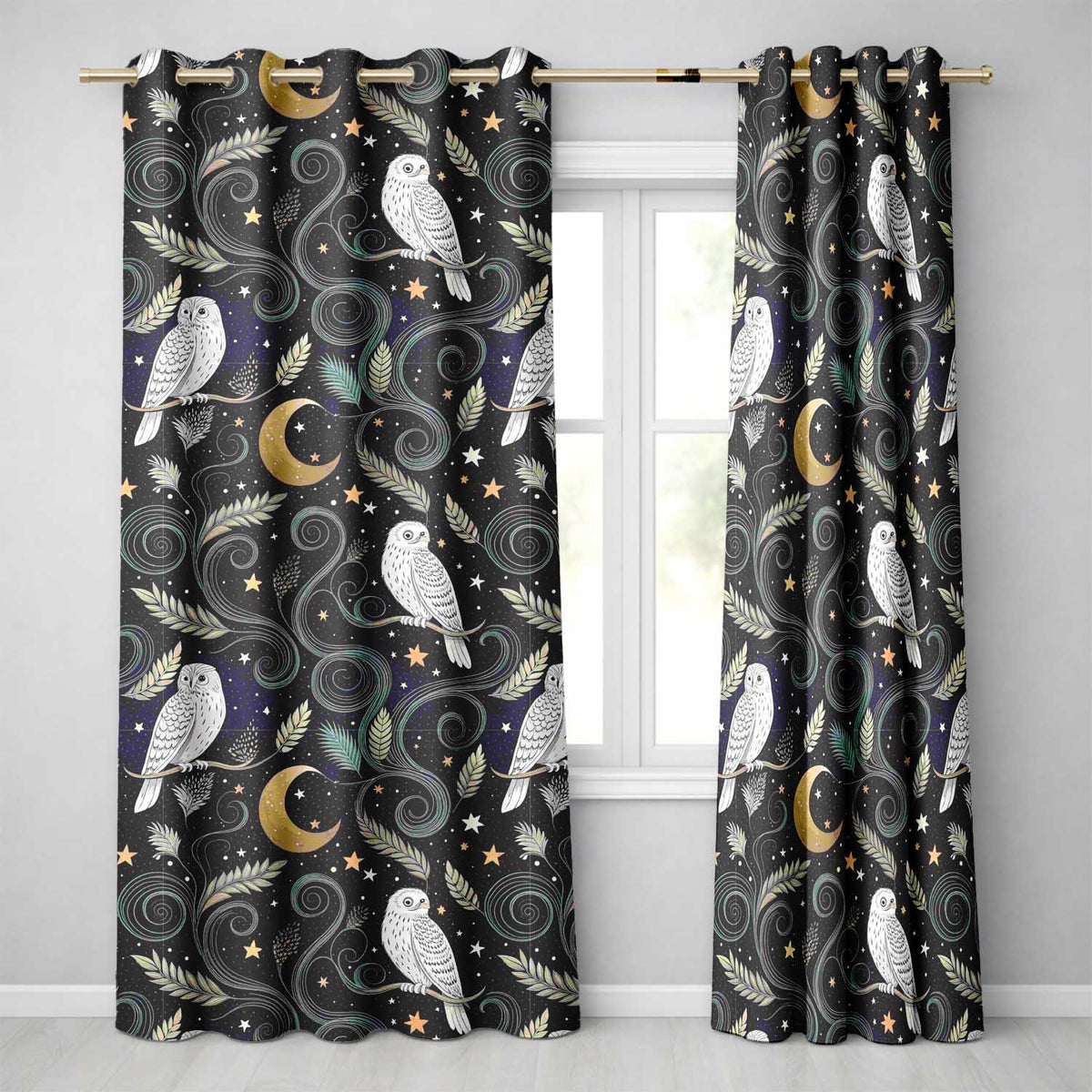 Owl Moon Stars Night Sky Botanical Seamless Readymade Eyelet Ring Top Thermal 100% Blackout Curtains