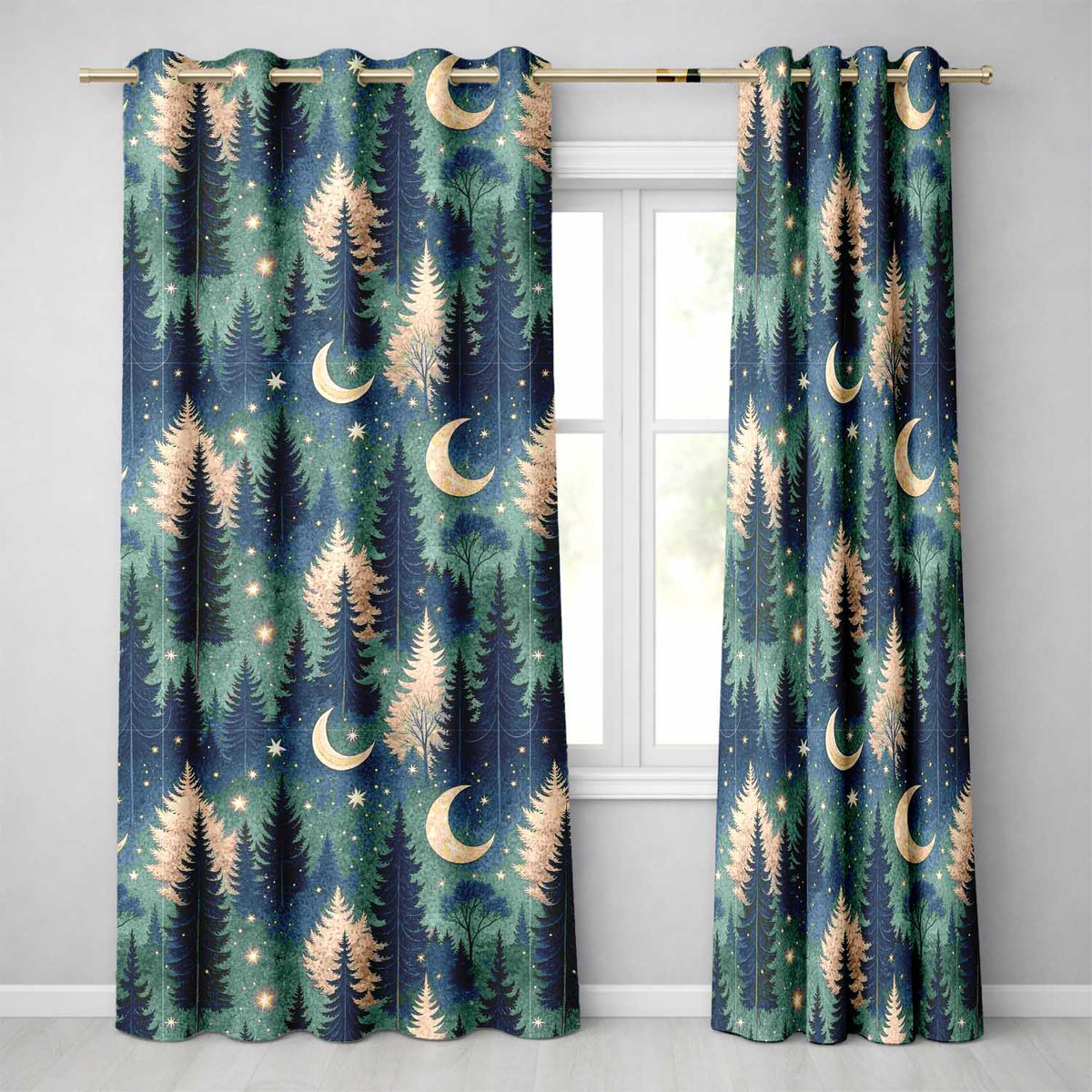 Dark Forest Moon Trees Starry Night Seamless Readymade Eyelet Ring Top Thermal 100% Blackout Curtains
