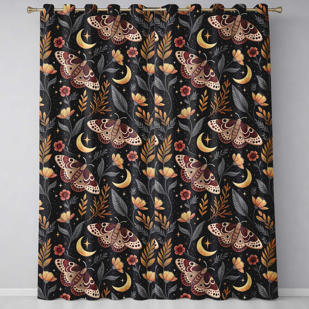 Celestial Botanical Moon Stars Night Sky Leaves Seamless Readymade Eyelet Ring Top Thermal 100% Blackout Curtains