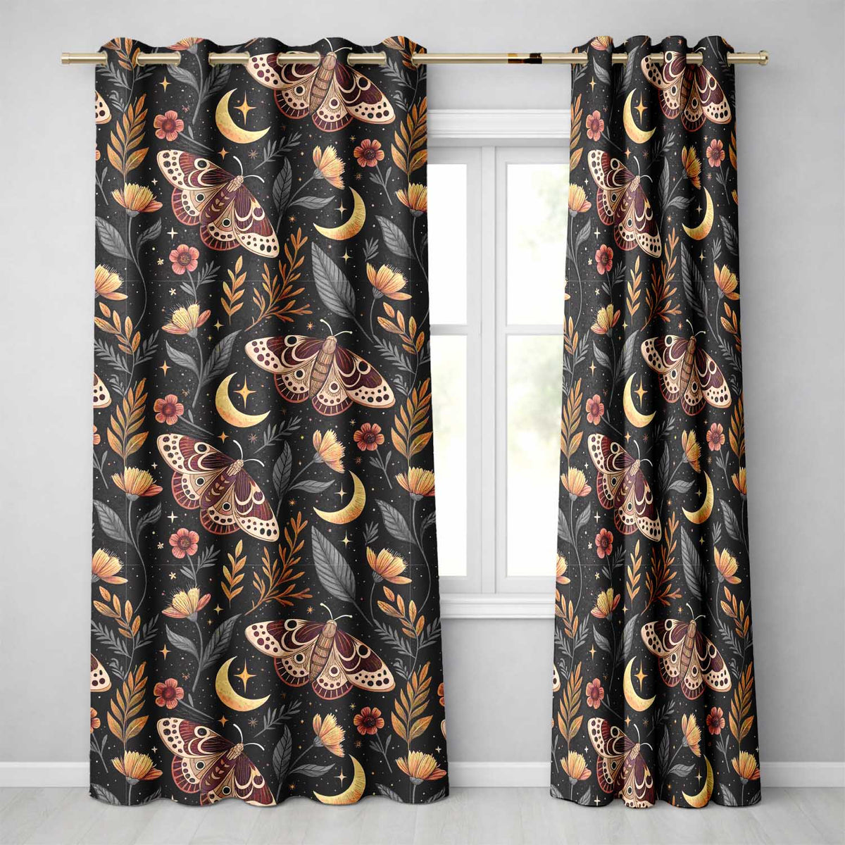 Celestial Botanical Moon Stars Night Sky Leaves Seamless Readymade Eyelet Ring Top Thermal 100% Blackout Curtains