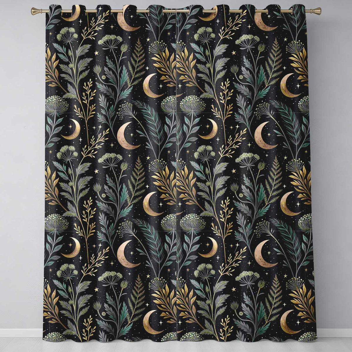 Floral Moon Stars Night Sky Botanical Garden Seamless Readymade Eyelet Ring Top Thermal 100% Blackout Curtains