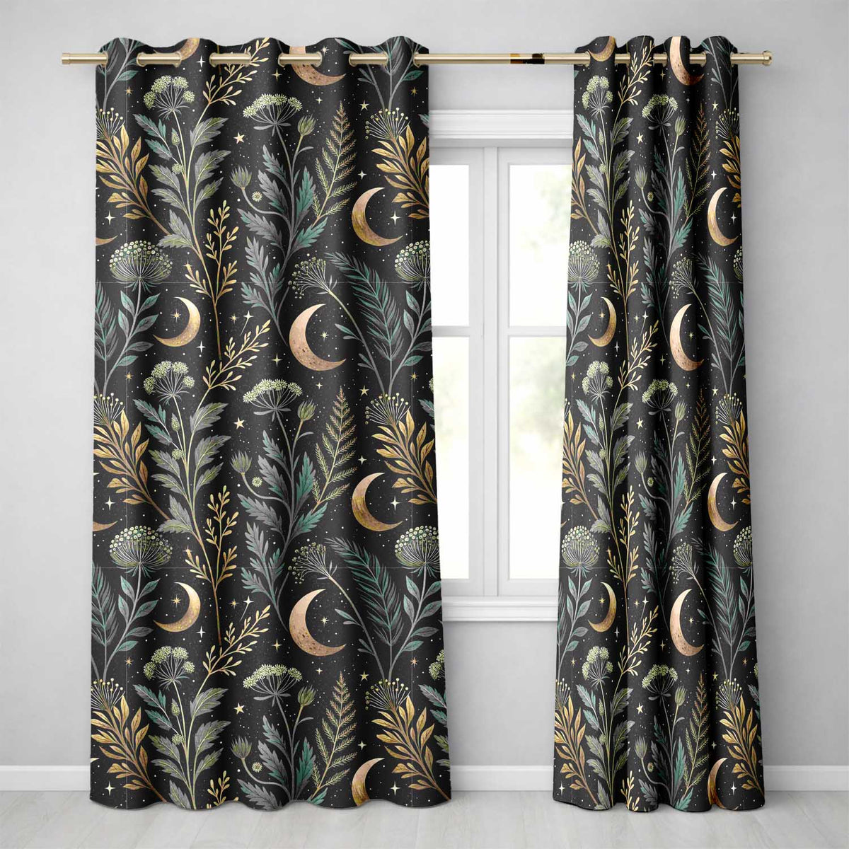 Floral Moon Stars Night Sky Botanical Garden Seamless Readymade Eyelet Ring Top Thermal 100% Blackout Curtains