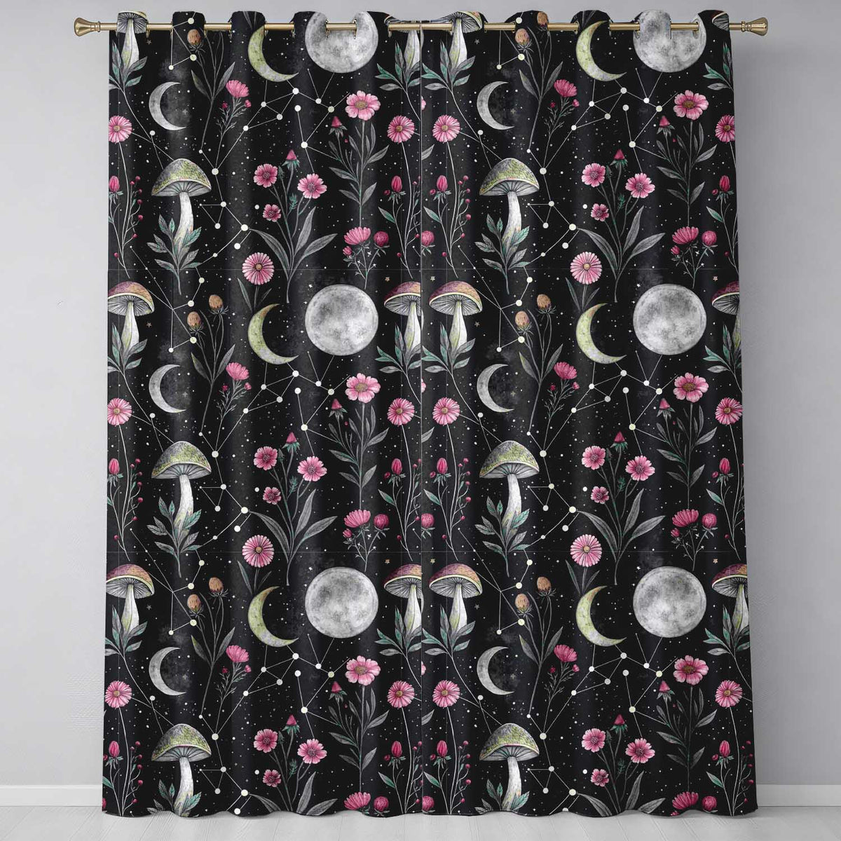 Celestial Floral Moon Constellation Night Seamless Readymade Eyelet Ring Top Thermal 100% Blackout Curtains