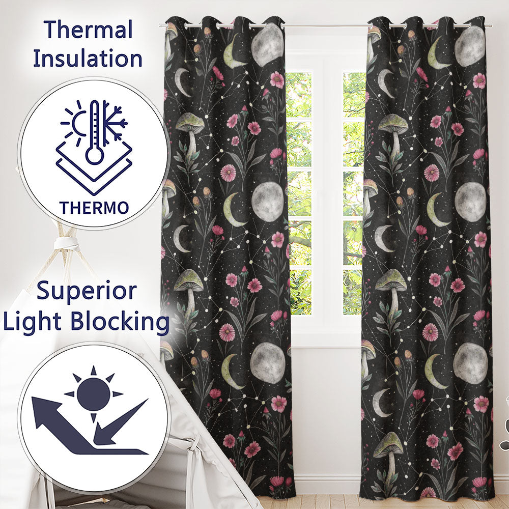 Celestial Floral Moon Constellation Night Seamless Readymade Eyelet Ring Top Thermal 100% Blackout Curtains