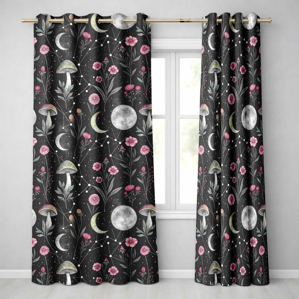 Celestial Floral Moon Constellation Night Seamless Readymade Eyelet Ring Top Thermal 100% Blackout Curtains