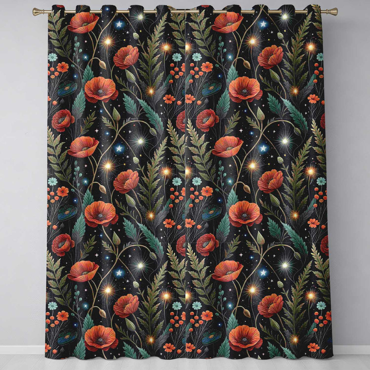Glowing Red Poppy Flowers Stars Night Sky Seamless Readymade Eyelet Ring Top Thermal 100% Blackout Curtains