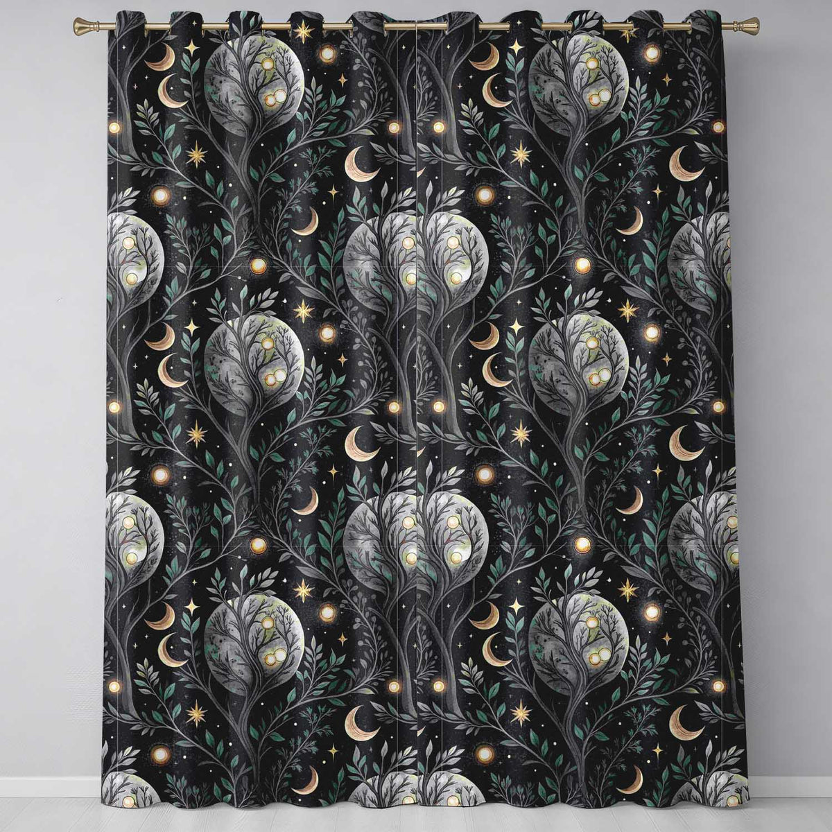 Mystical Tree Moon Stars Celestial Forest Seamless Readymade Eyelet Ring Top Thermal 100% Blackout Curtains