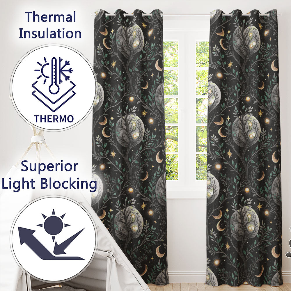 Mystical Tree Moon Stars Celestial Forest Seamless Readymade Eyelet Ring Top Thermal 100% Blackout Curtains