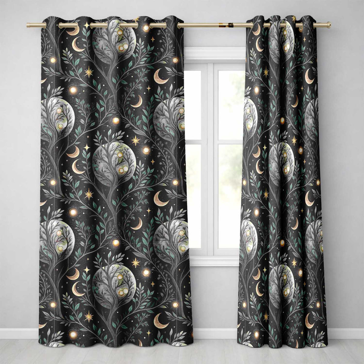Mystical Tree Moon Stars Celestial Forest Seamless Readymade Eyelet Ring Top Thermal 100% Blackout Curtains