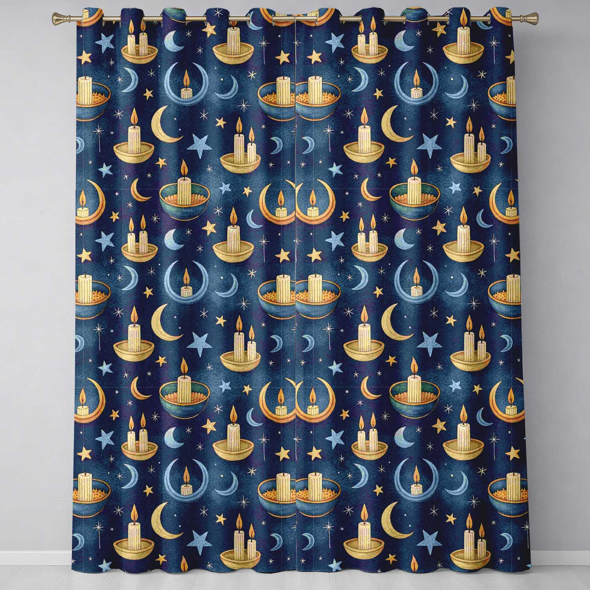 Celestial Candle Moon Stars Mystic Night Seamless Readymade Eyelet Ring Top Thermal 100% Blackout Curtains