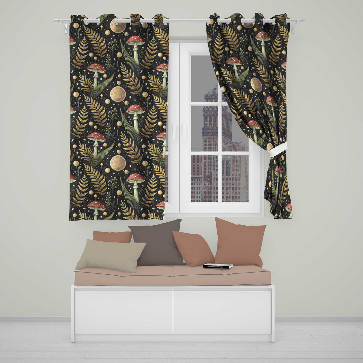 Moon Mushroom Botanical Night Garden Seamless Readymade Eyelet Ring Top Thermal 100% Blackout Curtains
