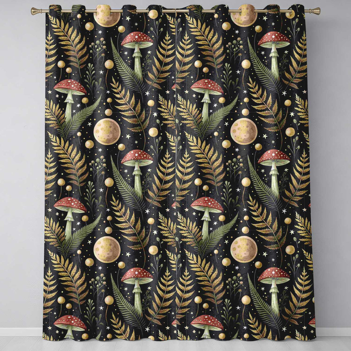 Moon Mushroom Botanical Night Garden Seamless Readymade Eyelet Ring Top Thermal 100% Blackout Curtains