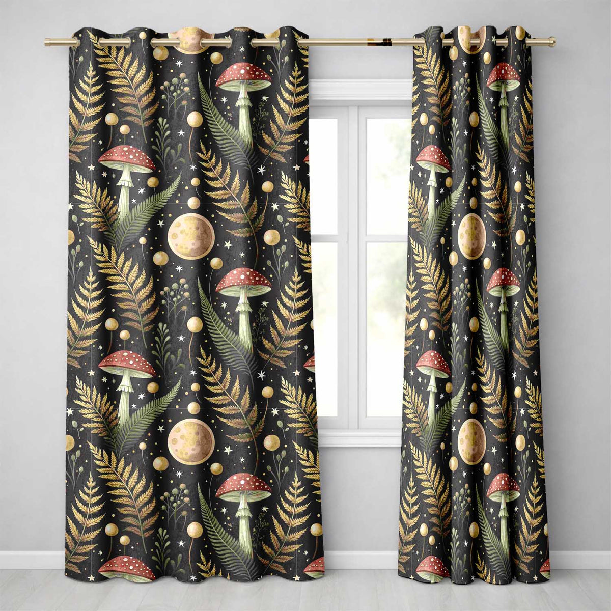 Moon Mushroom Botanical Night Garden Seamless Readymade Eyelet Ring Top Thermal 100% Blackout Curtains