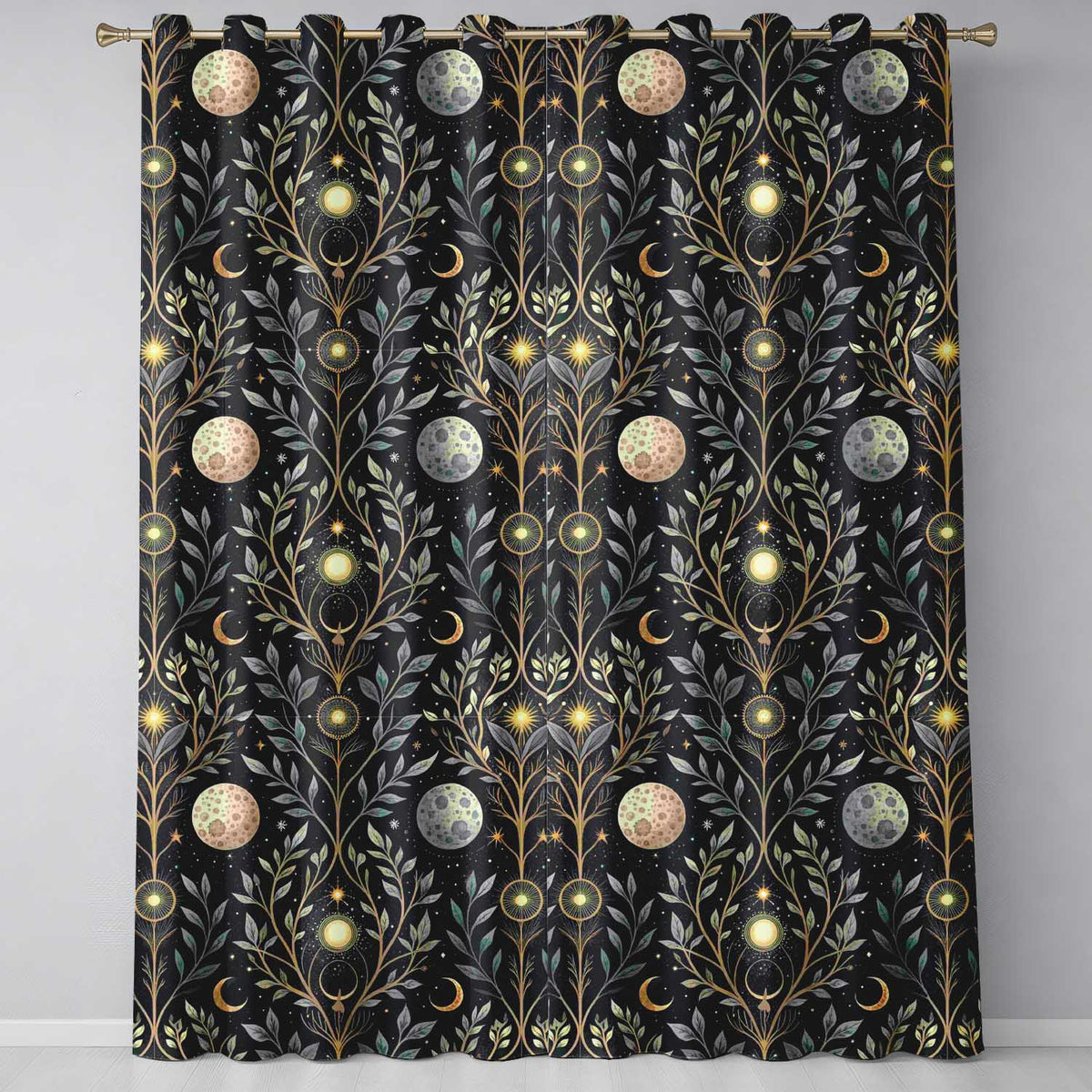 Celestial Botanical Moon Phases Sacred Night Seamless Readymade Eyelet Ring Top Thermal 100% Blackout Curtains