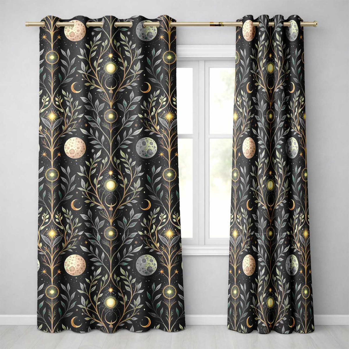 Celestial Botanical Moon Phases Sacred Night Seamless Readymade Eyelet Ring Top Thermal 100% Blackout Curtains
