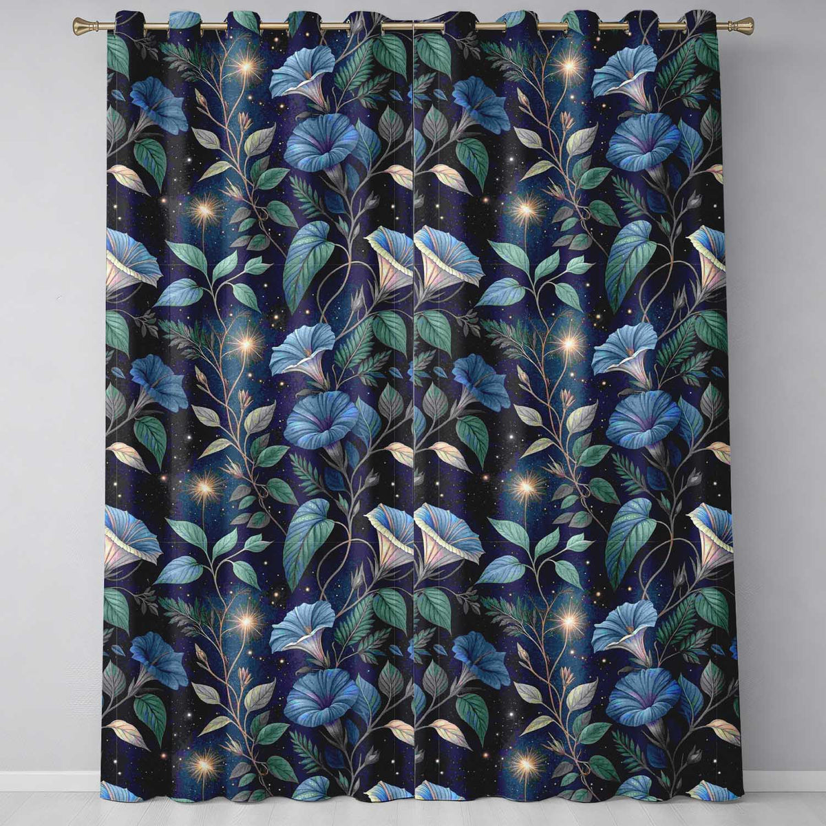 Blue Floral Night Sky Botanical Stars Seamless Readymade Eyelet Ring Top Thermal 100% Blackout Curtains