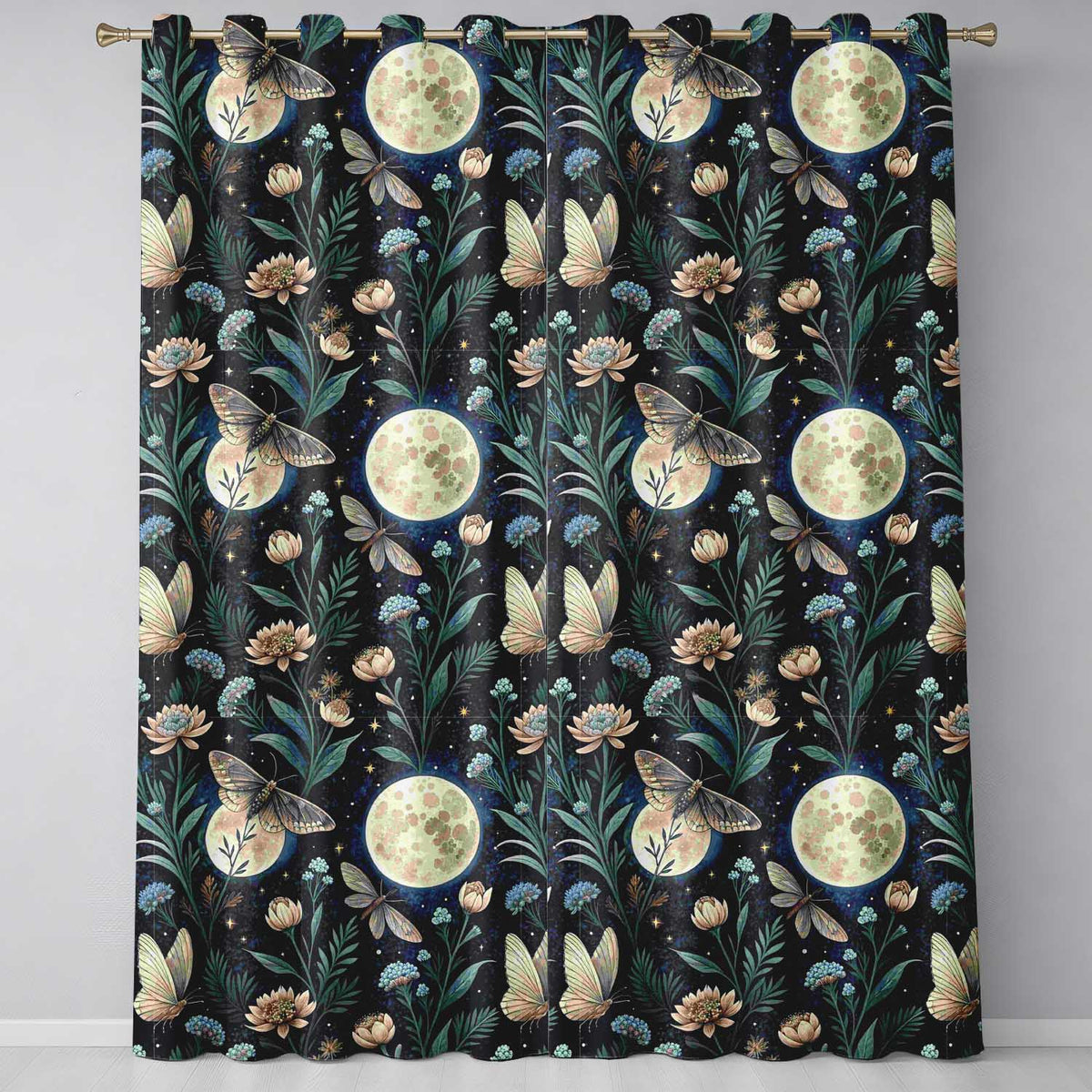 Celestial Moth Full Moon Floral Night Seamless Readymade Eyelet Ring Top Thermal 100% Blackout Curtains
