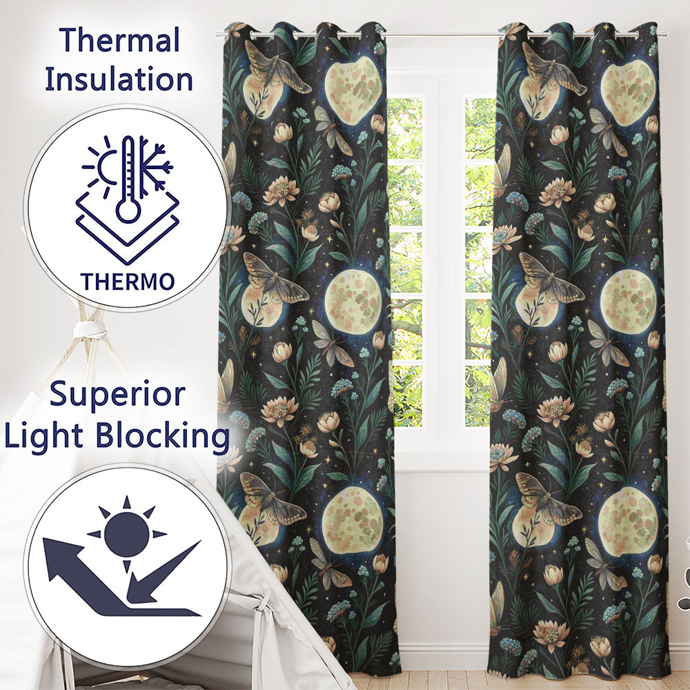 Celestial Moth Full Moon Floral Night Seamless Readymade Eyelet Ring Top Thermal 100% Blackout Curtains