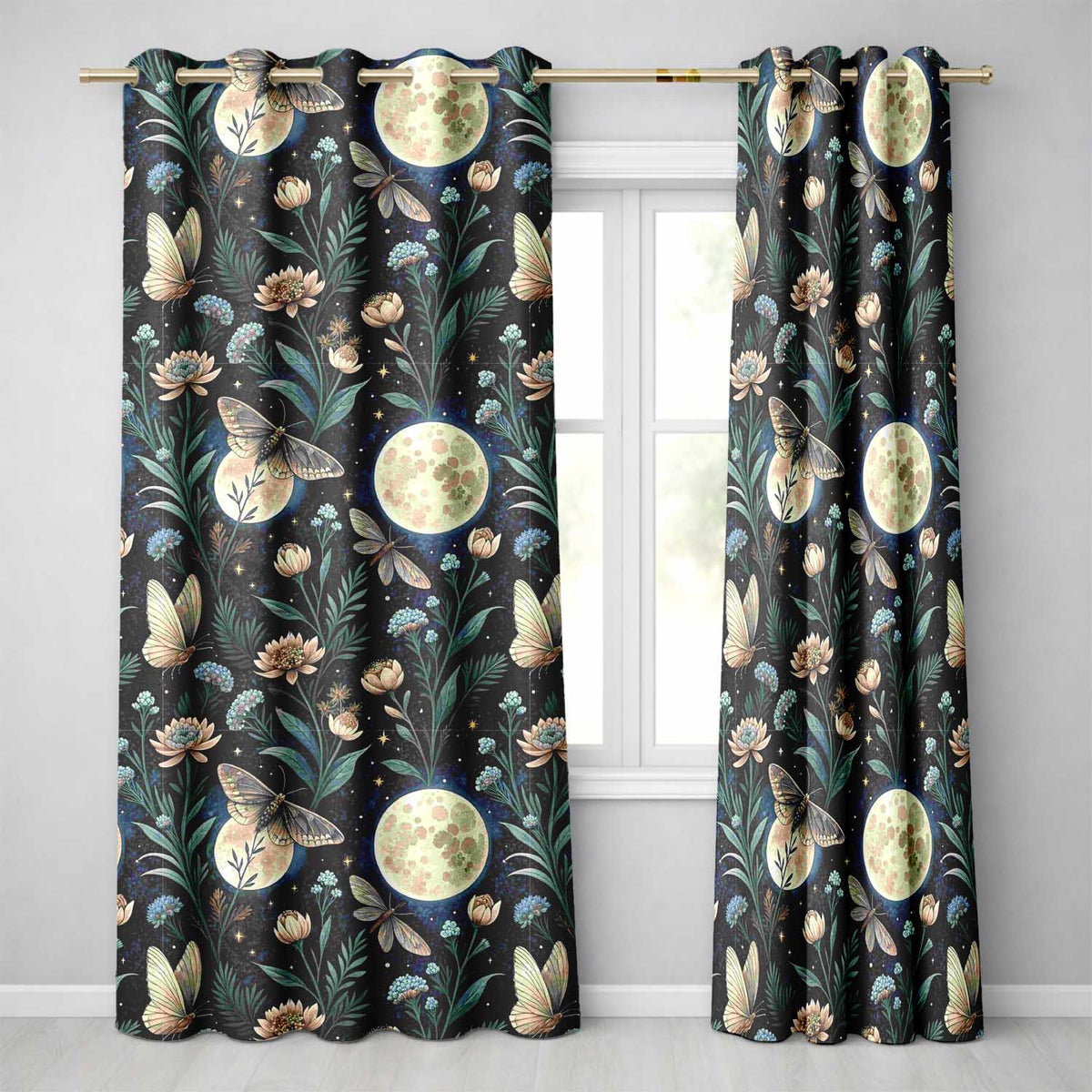 Celestial Moth Full Moon Floral Night Seamless Readymade Eyelet Ring Top Thermal 100% Blackout Curtains