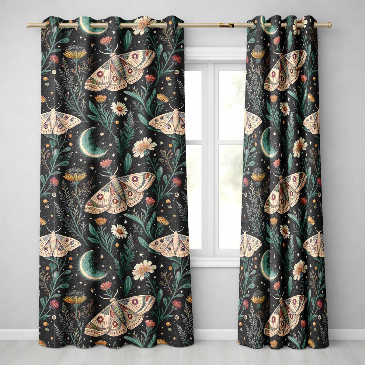 Celestial Moth Crescent Moon Floral Night Seamless Readymade Eyelet Ring Top Thermal 100% Blackout Curtains