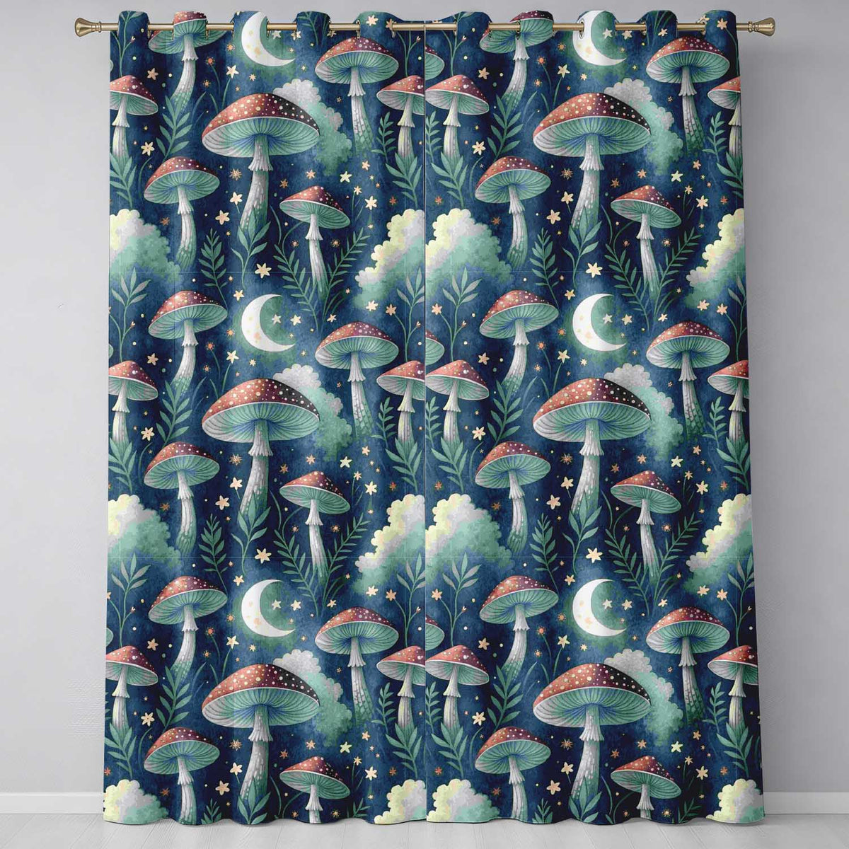 Magical Mushroom Crescent Moon Night Seamless Readymade Eyelet Ring Top Thermal 100% Blackout Curtains
