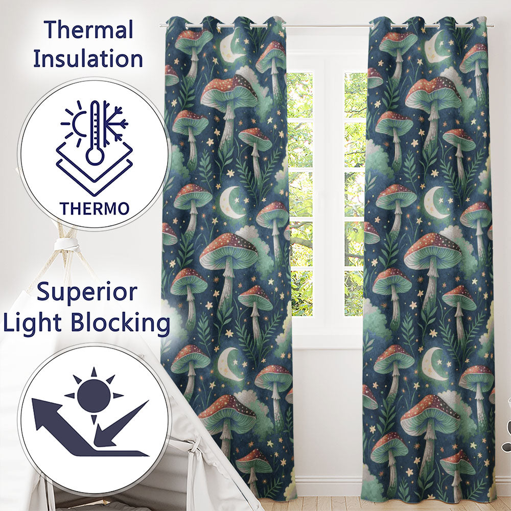 Magical Mushroom Crescent Moon Night Seamless Readymade Eyelet Ring Top Thermal 100% Blackout Curtains