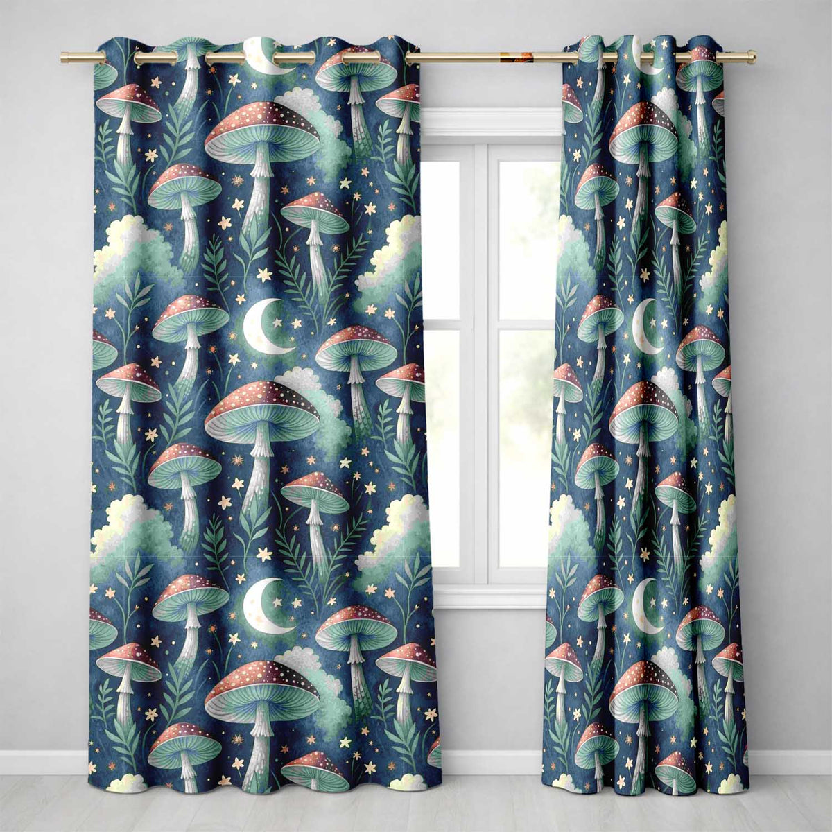 Magical Mushroom Crescent Moon Night Seamless Readymade Eyelet Ring Top Thermal 100% Blackout Curtains
