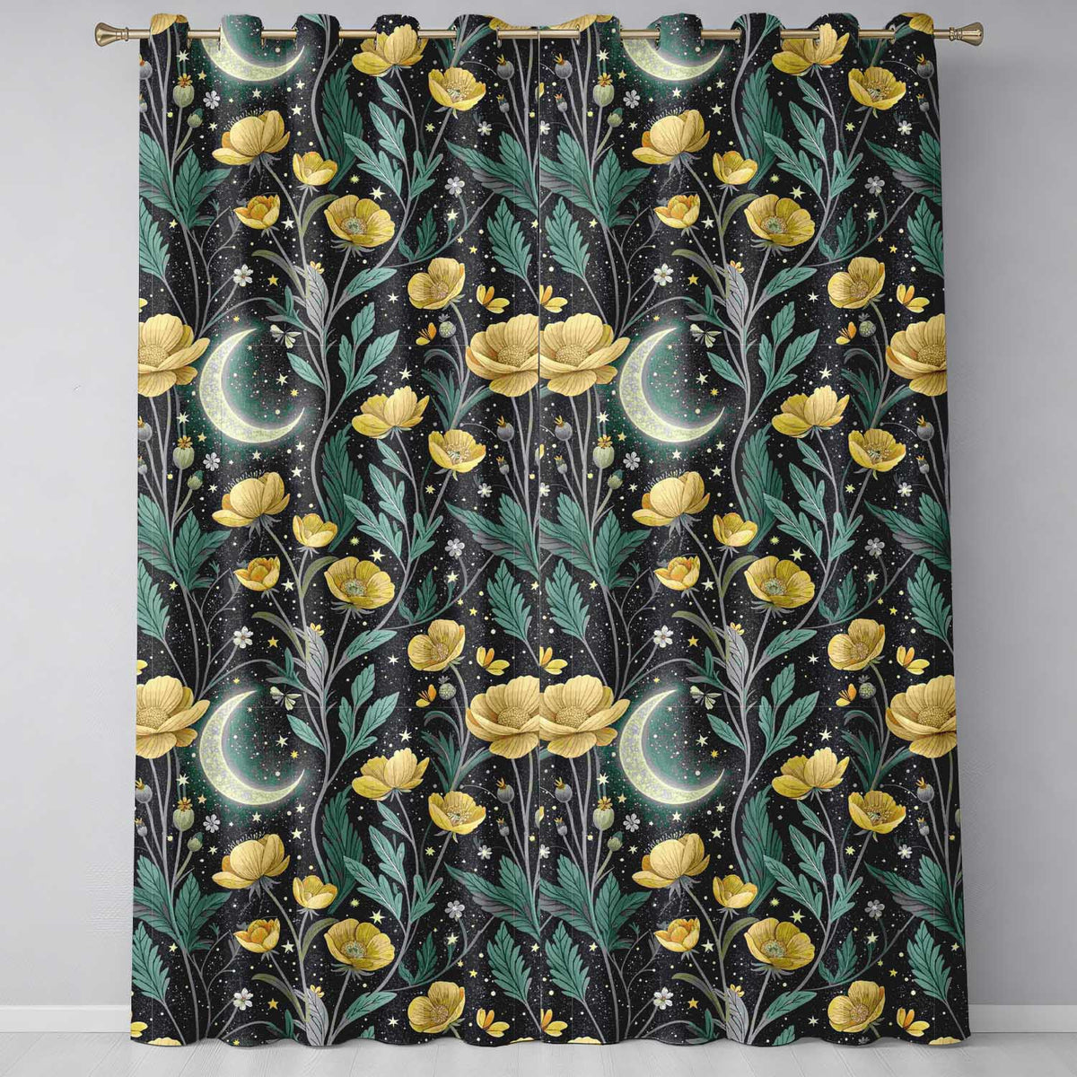 Golden Floral Crescent Moon Night Garden Seamless Readymade Eyelet Ring Top Thermal 100% Blackout Curtains