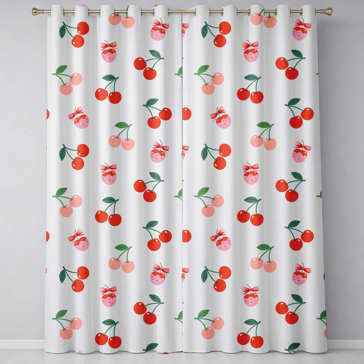 Cherry Fruit Pastel Background Sweet Seamless Readymade Eyelet Ring Top Thermal 100% Blackout Curtains