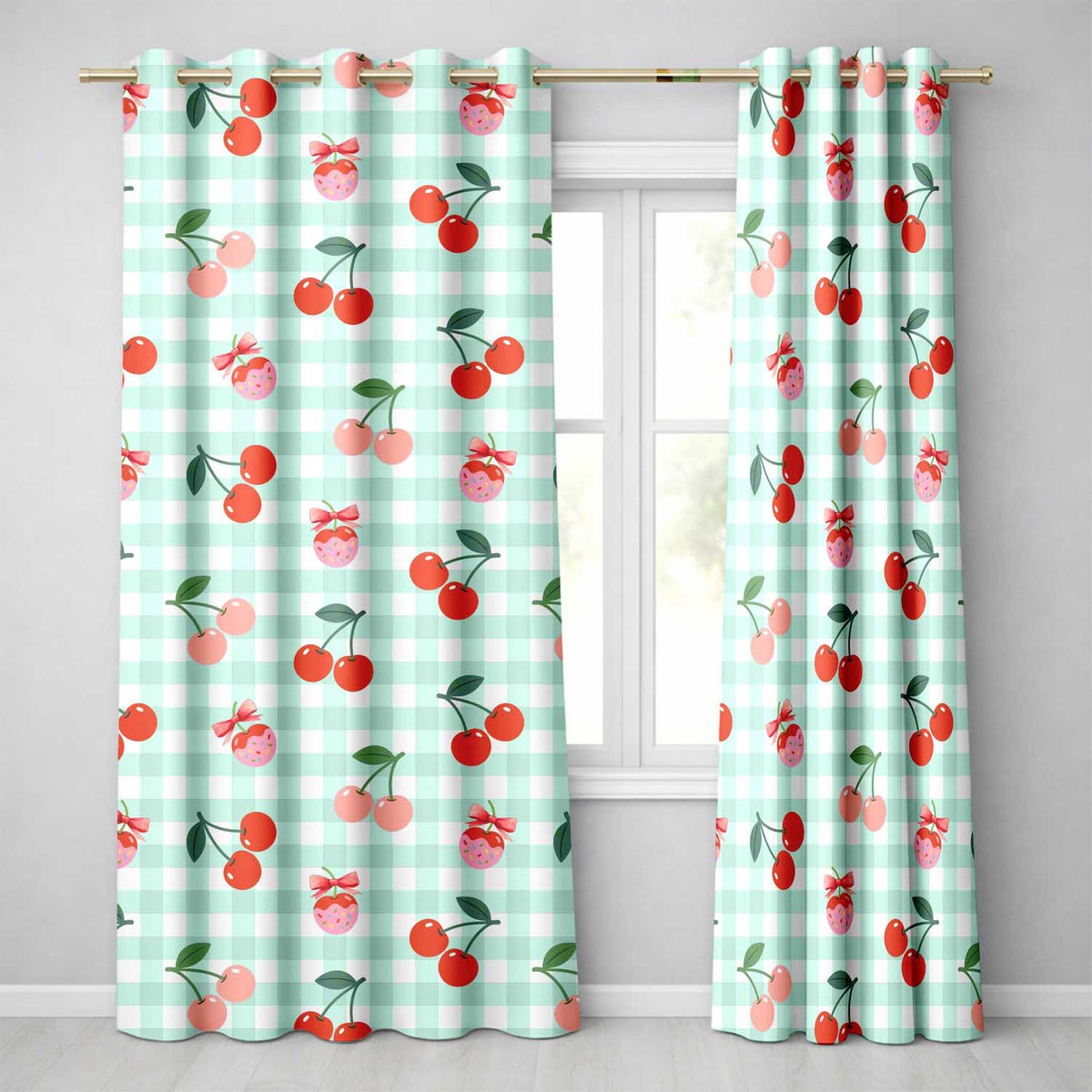 Cherry Fruit Green Gingham Picnic Check Seamless Readymade Eyelet Ring Top Thermal 100% Blackout Curtains