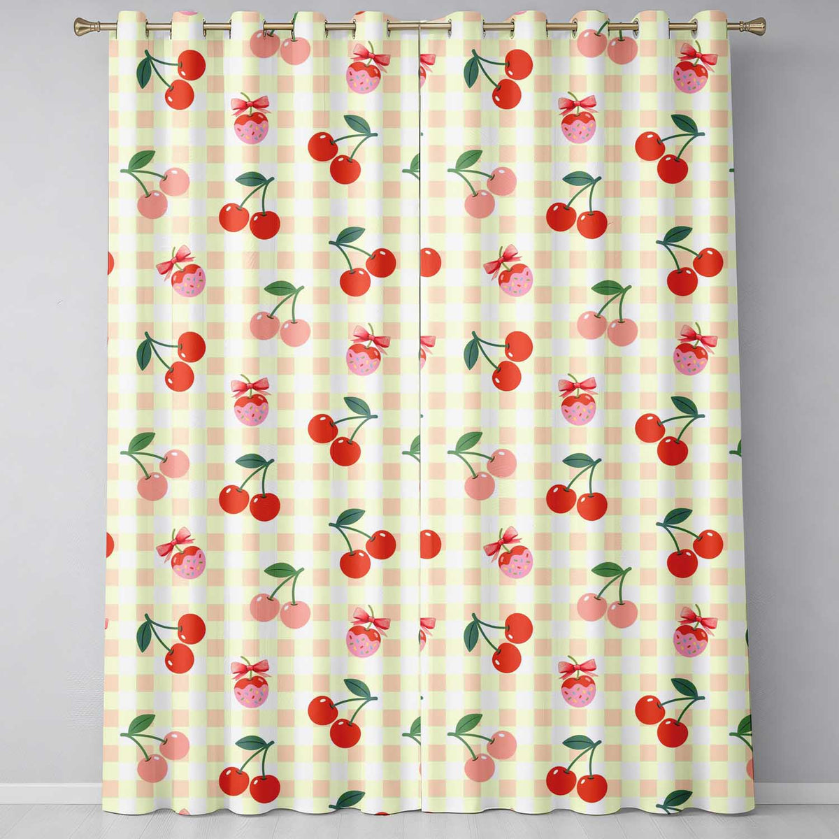 Cherry Fruit Yellow Gingham Picnic Check Seamless Readymade Eyelet Ring Top Thermal 100% Blackout Curtains