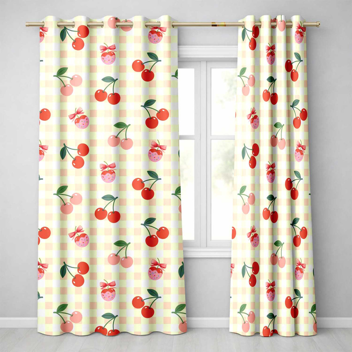 Cherry Fruit Yellow Gingham Picnic Check Seamless Readymade Eyelet Ring Top Thermal 100% Blackout Curtains