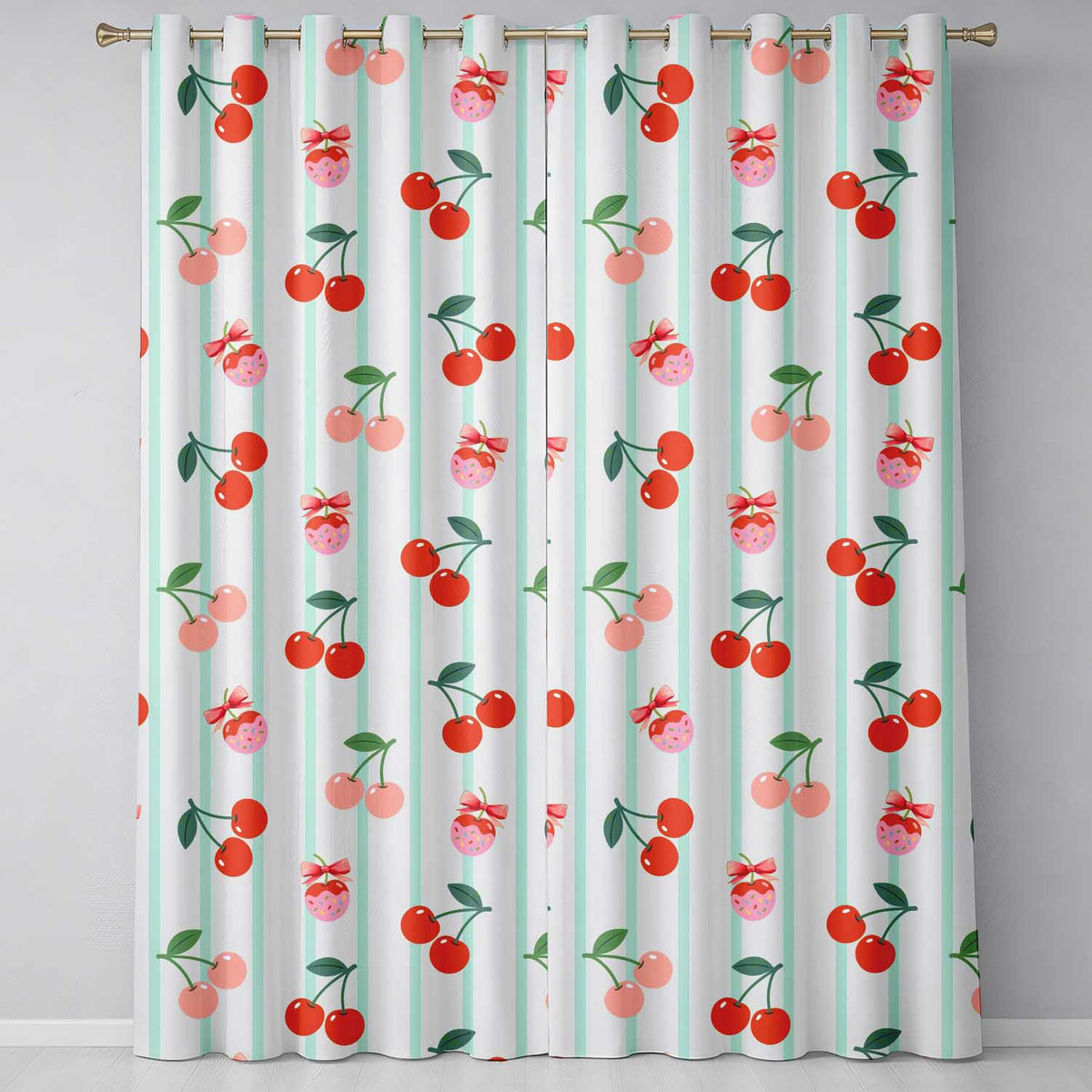 Cherry Fruit Vertical Stripe Green Background Seamless Readymade Eyelet Ring Top Thermal 100% Blackout Curtains