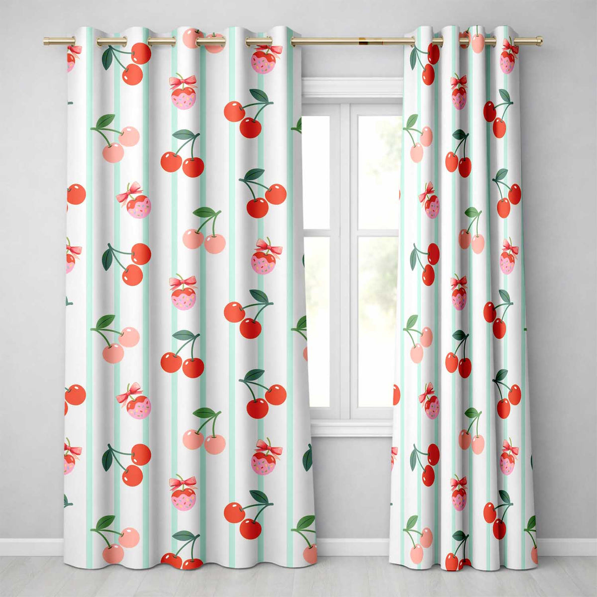 Cherry Fruit Vertical Stripe Green Background Seamless Readymade Eyelet Ring Top Thermal 100% Blackout Curtains