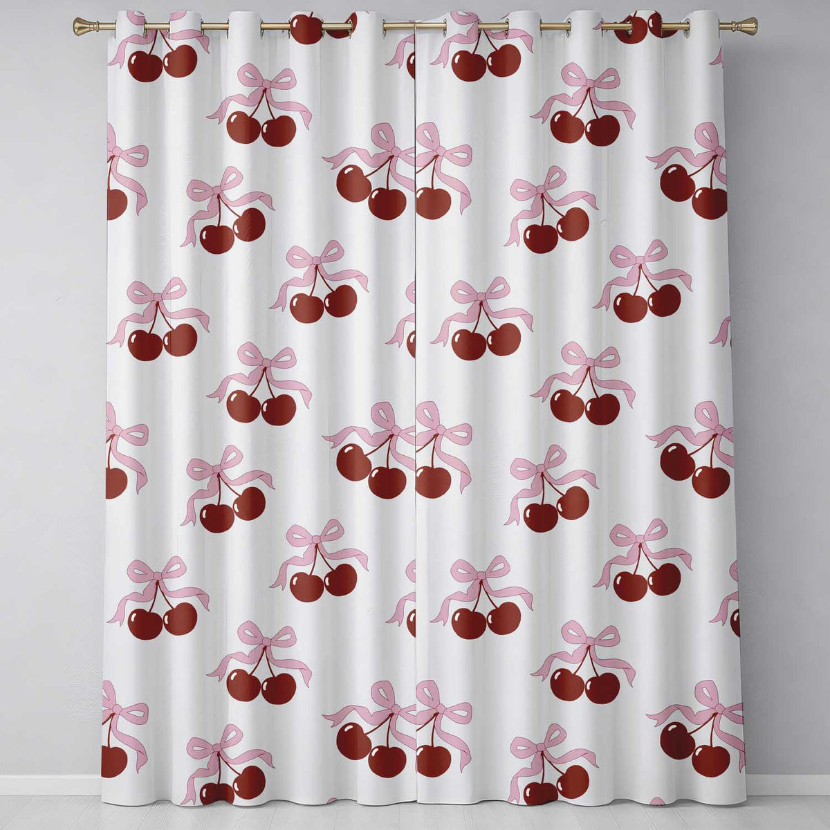 Cherry Bow Ribbon Decorative Cherry Seamless Readymade Eyelet Ring Top Thermal 100% Blackout Curtains