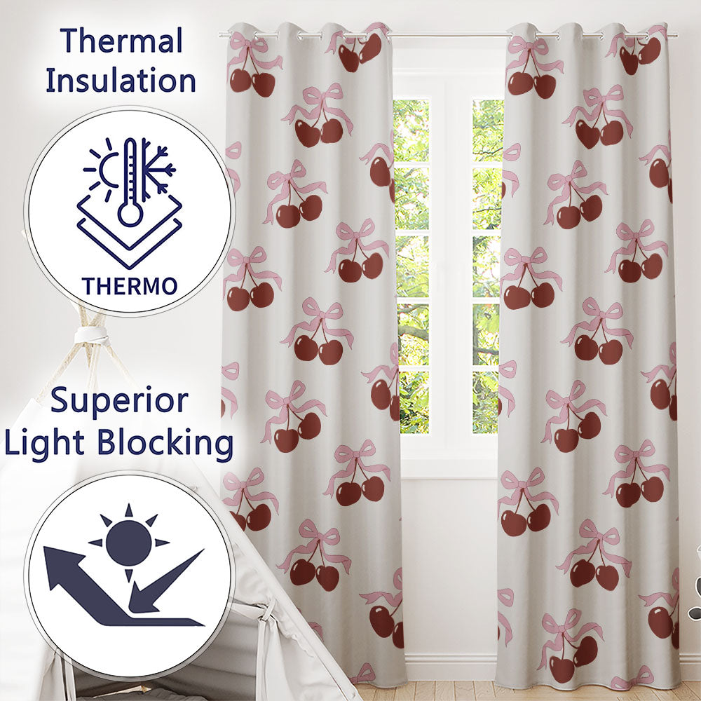 Cherry Bow Ribbon Decorative Cherry Seamless Readymade Eyelet Ring Top Thermal 100% Blackout Curtains