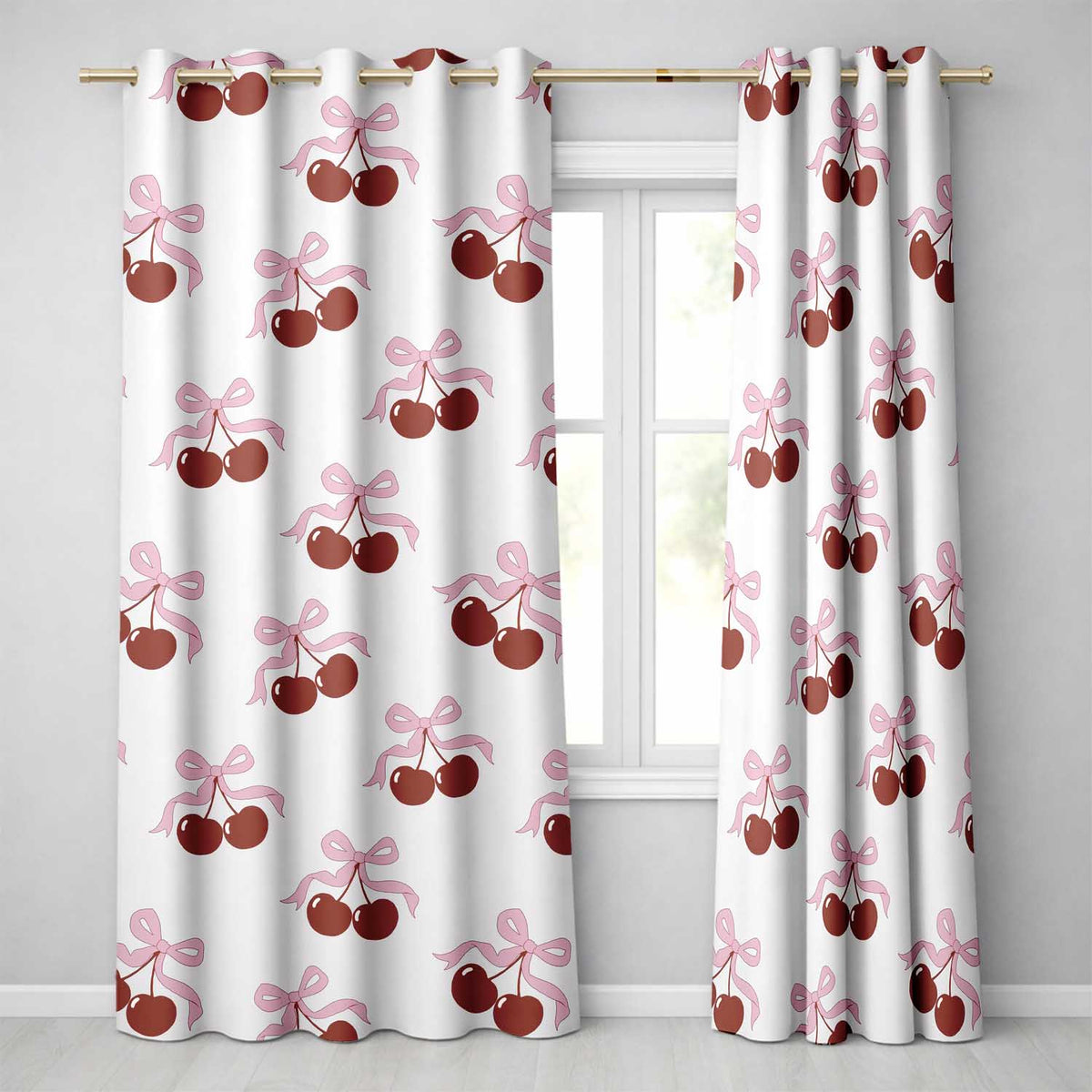 Cherry Bow Ribbon Decorative Cherry Seamless Readymade Eyelet Ring Top Thermal 100% Blackout Curtains