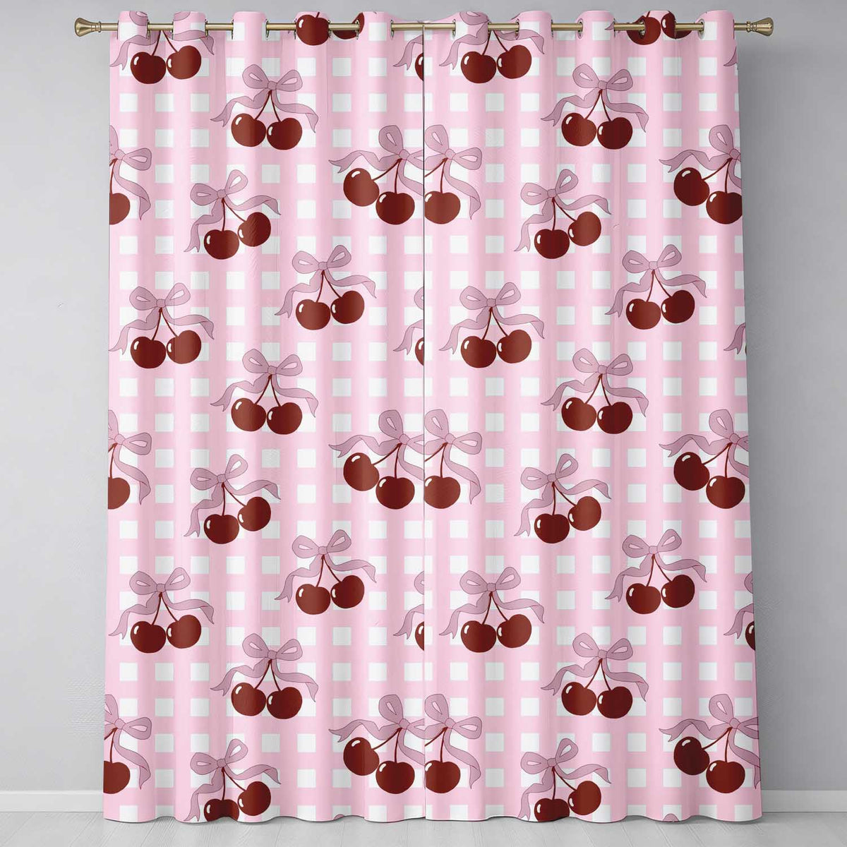 Cherry Bow Ribbon Blush Gingham Soft Check Seamless Readymade Eyelet Ring Top Thermal 100% Blackout Curtains