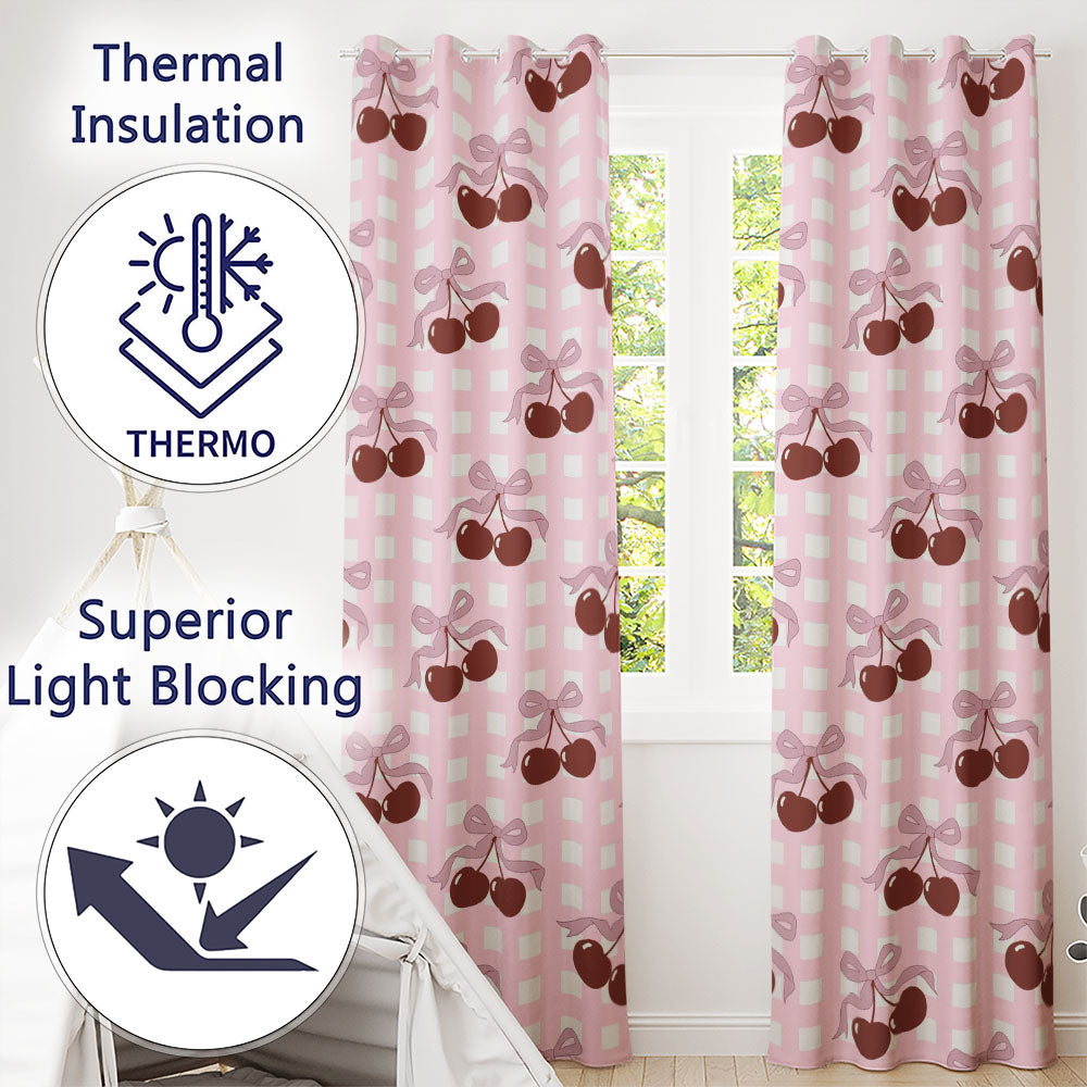 Cherry Bow Ribbon Blush Gingham Soft Check Seamless Readymade Eyelet Ring Top Thermal 100% Blackout Curtains
