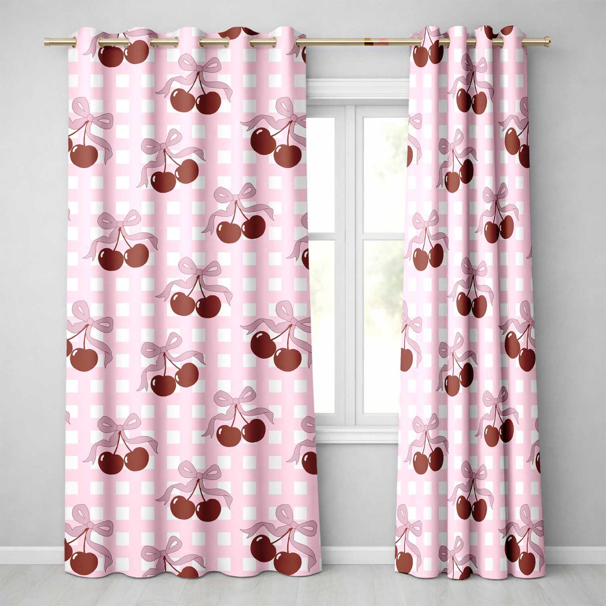 Cherry Bow Ribbon Blush Gingham Soft Check Seamless Readymade Eyelet Ring Top Thermal 100% Blackout Curtains