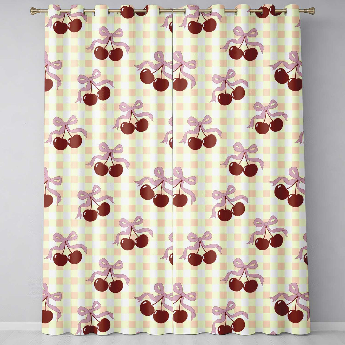 Cherry Bow Ribbon Yellow Gingham Picnic Check Seamless Readymade Eyelet Ring Top Thermal 100% Blackout Curtains