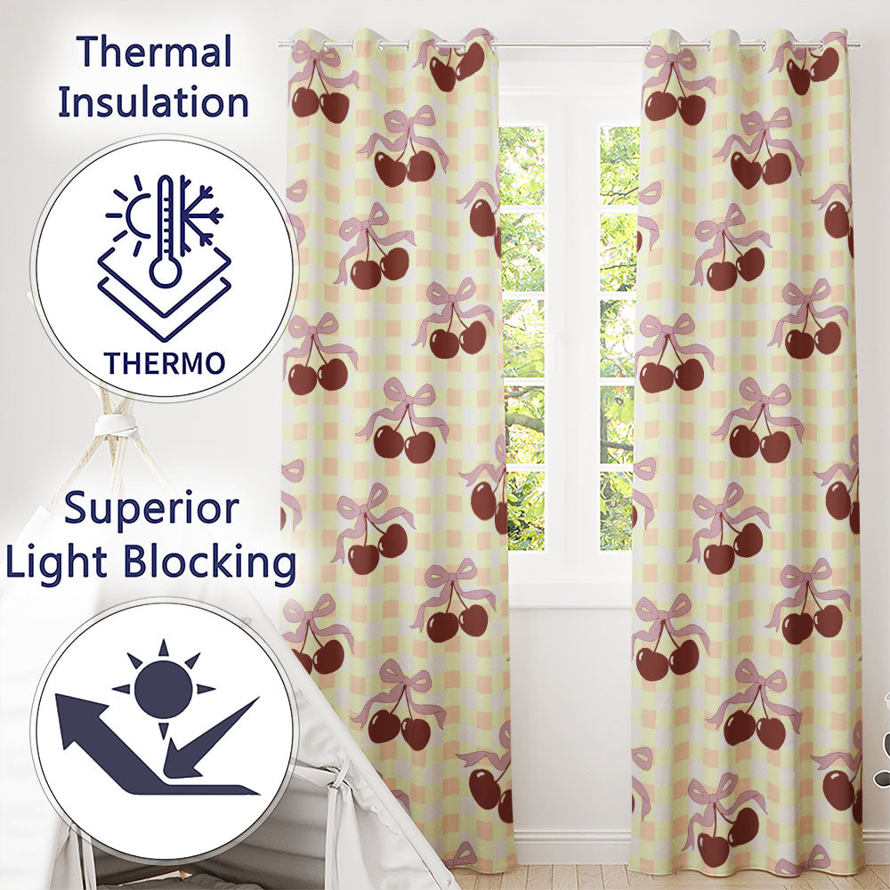 Cherry Bow Ribbon Yellow Gingham Picnic Check Seamless Readymade Eyelet Ring Top Thermal 100% Blackout Curtains