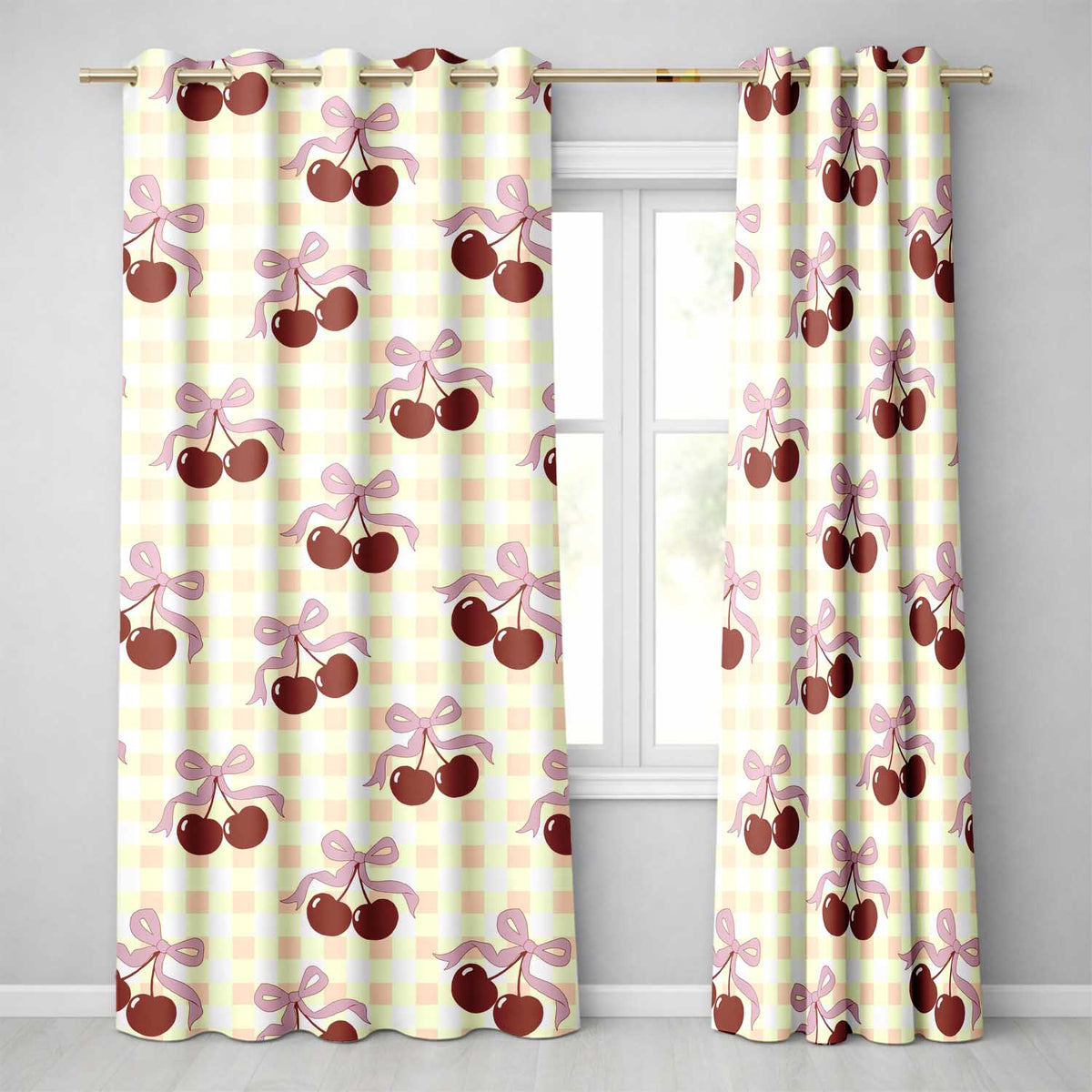 Cherry Bow Ribbon Yellow Gingham Picnic Check Seamless Readymade Eyelet Ring Top Thermal 100% Blackout Curtains