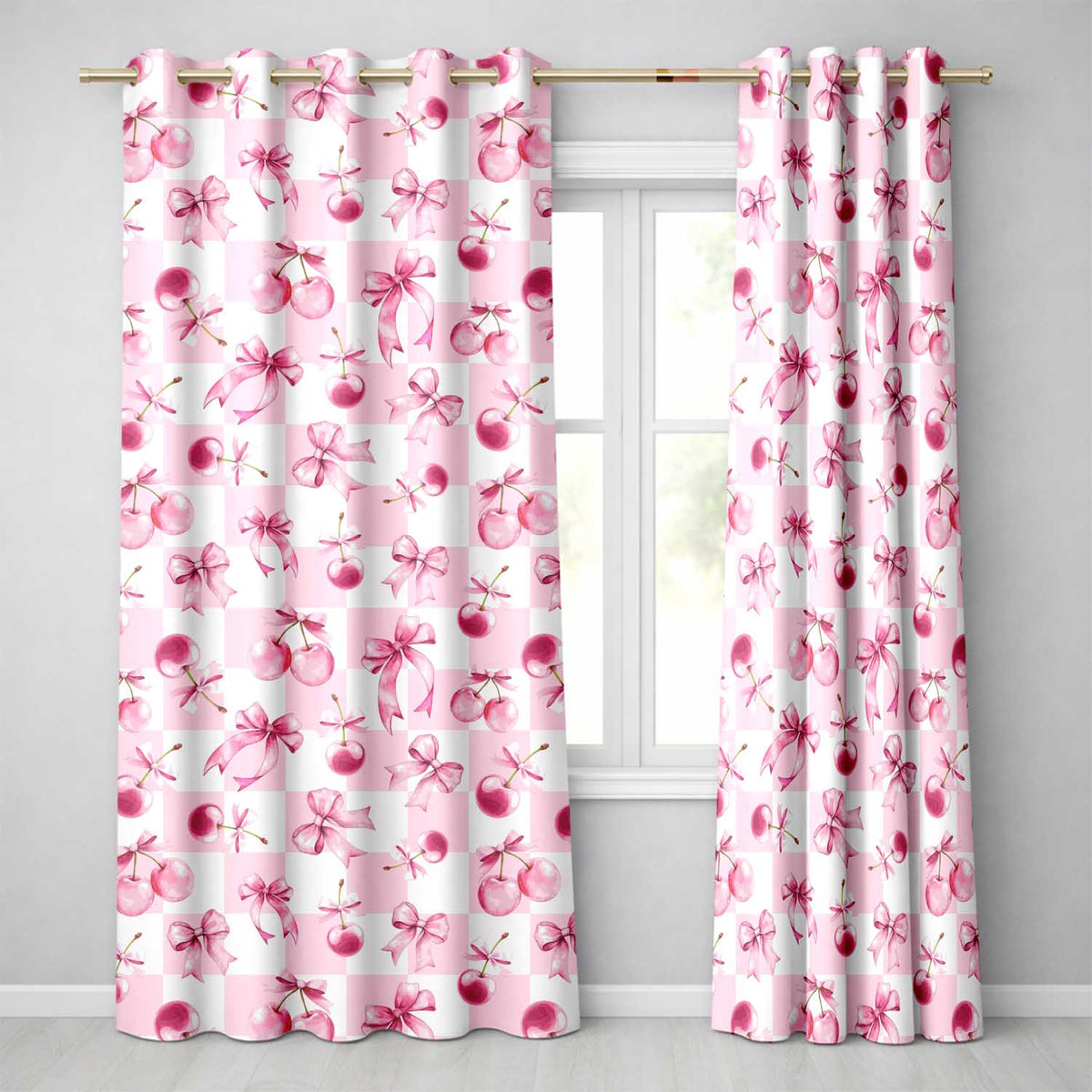 Watercolor Cherry Bow Ribbon Pink Gingham Picnic Check Seamless Readymade Eyelet Ring Top Thermal 100% Blackout Curtains