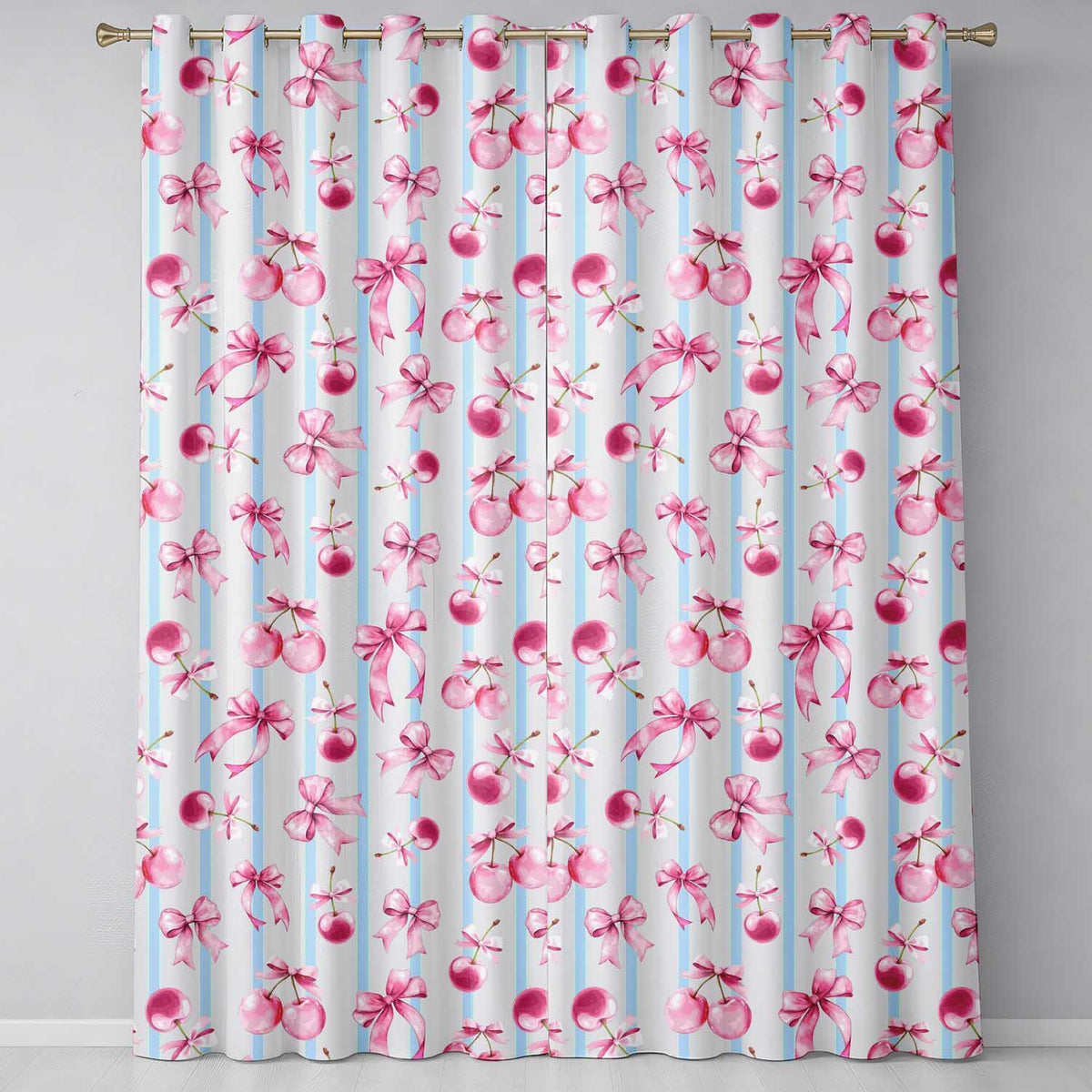 Watercolor Pink Cherry Ribbon Bow Blue Vertical Stripe Background Readymade Eyelet Ring Top Thermal 100% Blackout Curtains