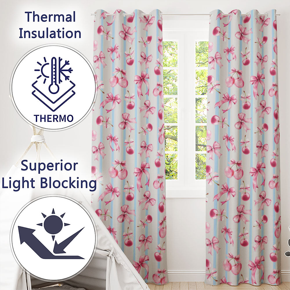 Watercolor Pink Cherry Ribbon Bow Blue Vertical Stripe Background Readymade Eyelet Ring Top Thermal 100% Blackout Curtains