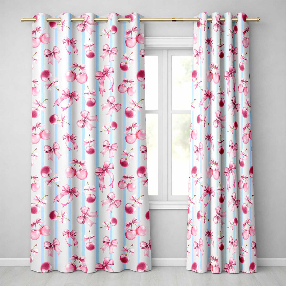 Watercolor Pink Cherry Ribbon Bow Blue Vertical Stripe Background Readymade Eyelet Ring Top Thermal 100% Blackout Curtains