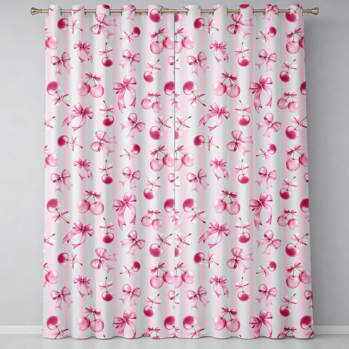 Watercolor Pink Cherry Ribbon Bow Seamless Pink Stripe Background Readymade Eyelet Ring Top Thermal 100% Blackout Curtains