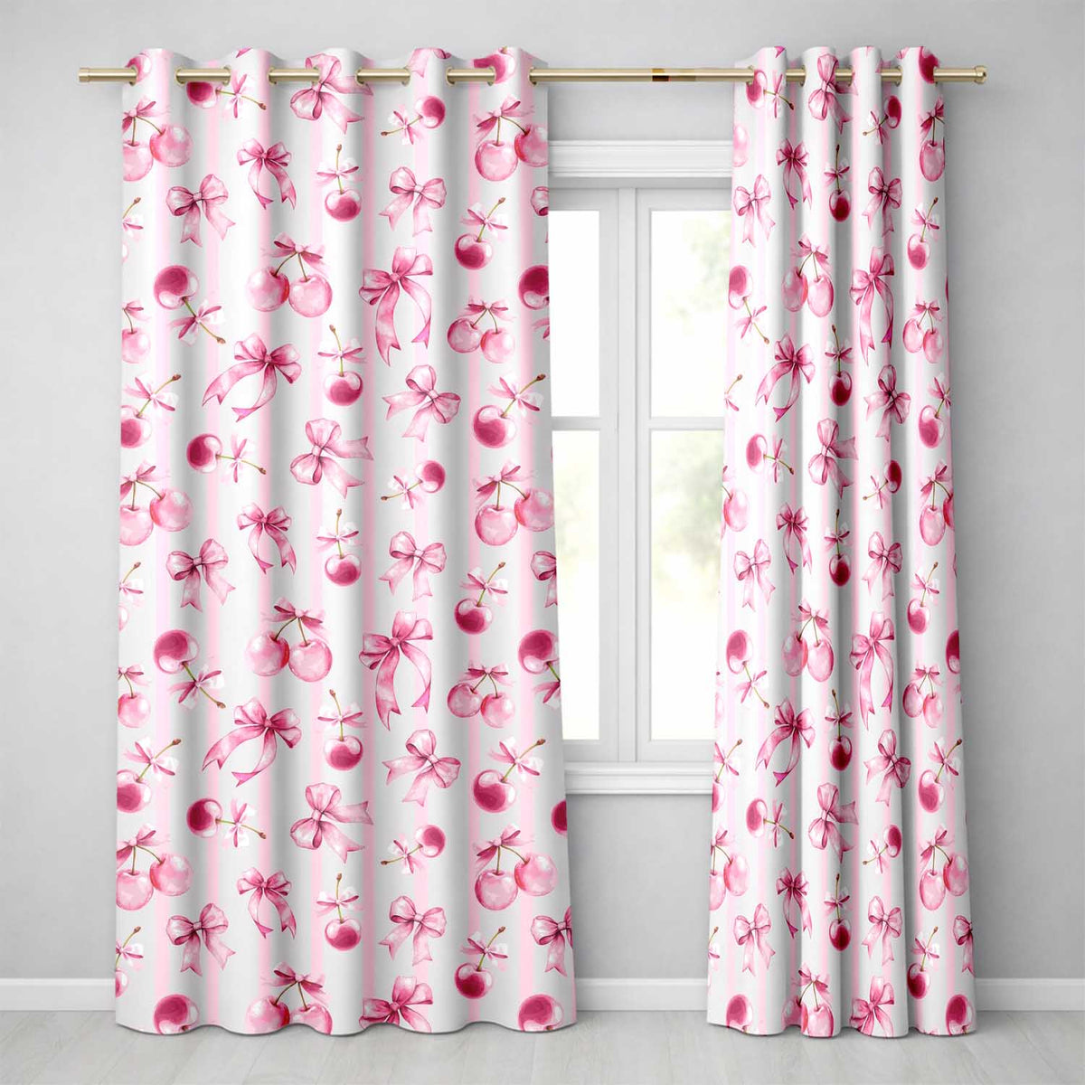 Watercolor Pink Cherry Ribbon Bow Seamless Pink Stripe Background Readymade Eyelet Ring Top Thermal 100% Blackout Curtains