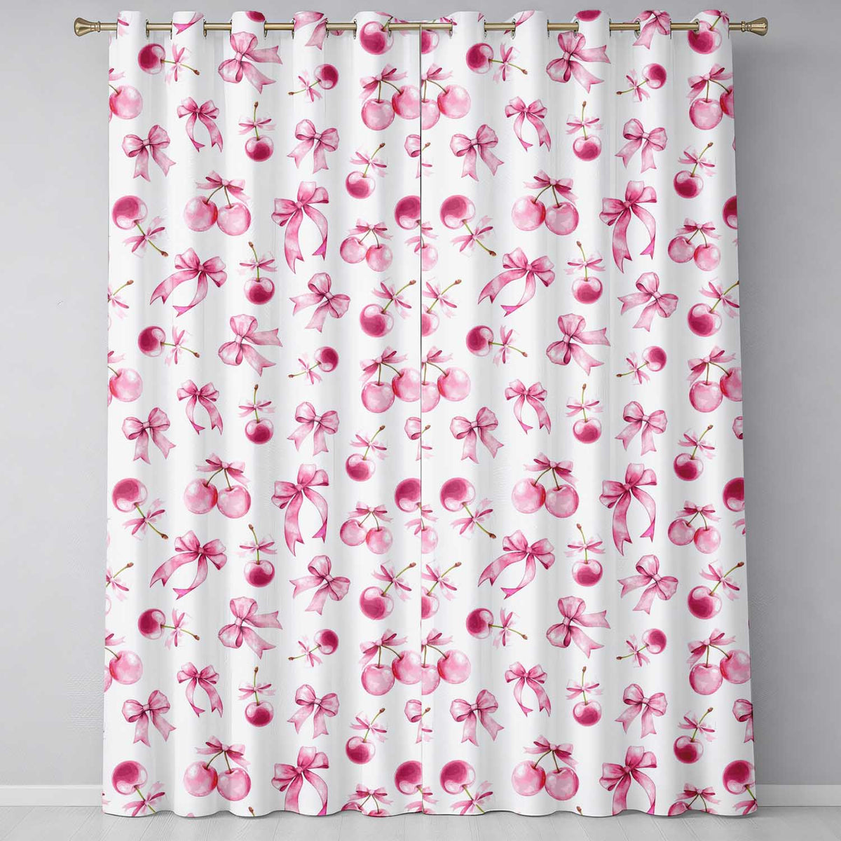 Watercolor Pink Cherry Ribbon Bow Seamless Light Grey Background Readymade Eyelet Ring Top Thermal 100% Blackout Curtains